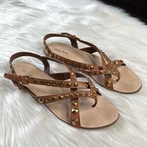 Miu Miu Brown Gold Studded Leather Sandals